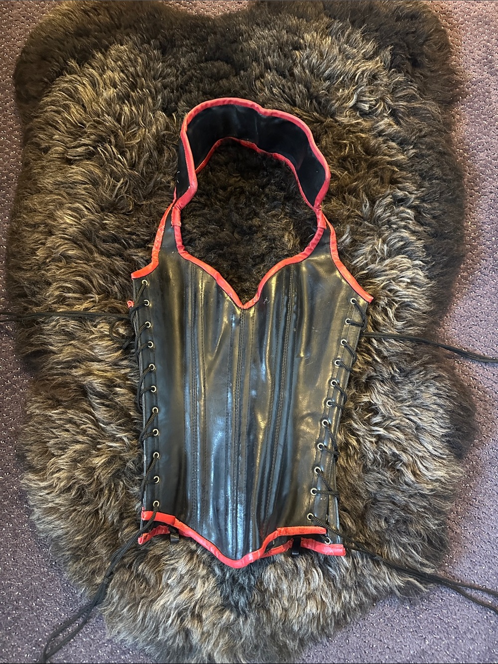 Collared black leather basque style corset with red piping accents.